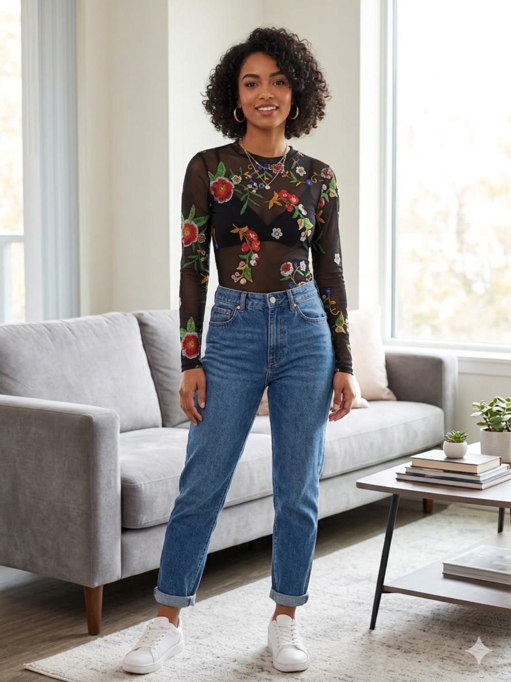 Forever 21 Black Sheer Floral Embroidered Long Sleeve Top